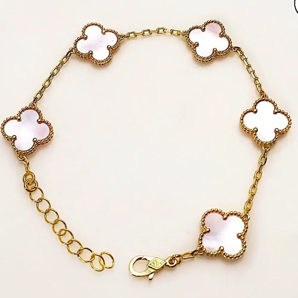 Gold Four Leaf Clover Bracelet Mother of Pearl Luxury - Picture 4 of 9